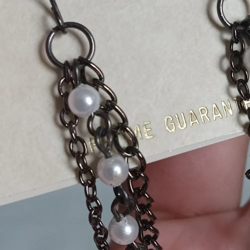 Impressions Gunmetal Gray and Silver Beaded Triple  Chain Dangle Drop Earrings